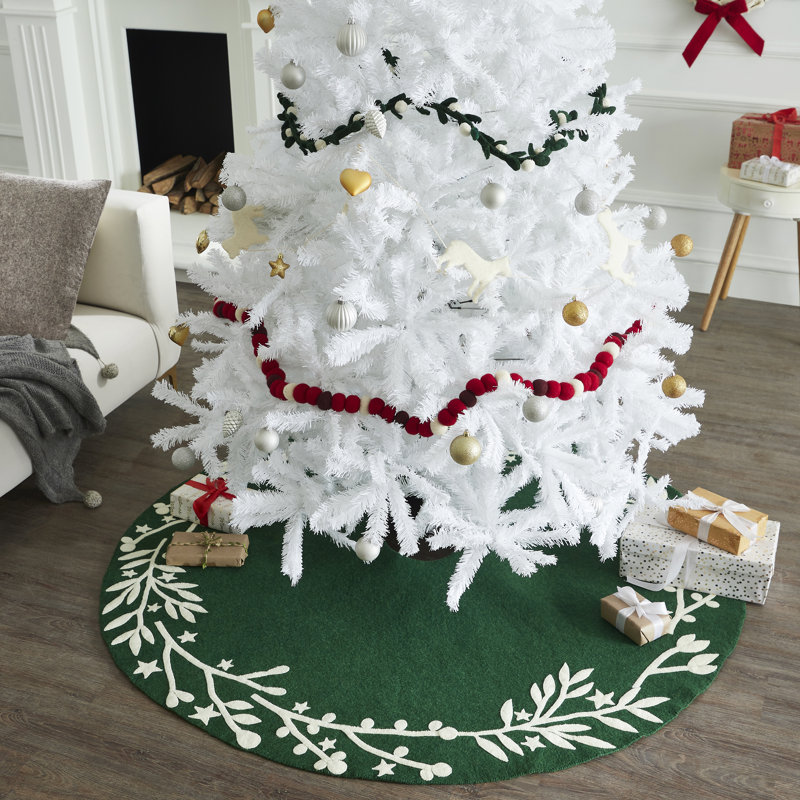 Handmade Christmas Tree Skirt in Felt - Branches and Stars on Gray, 60", Green