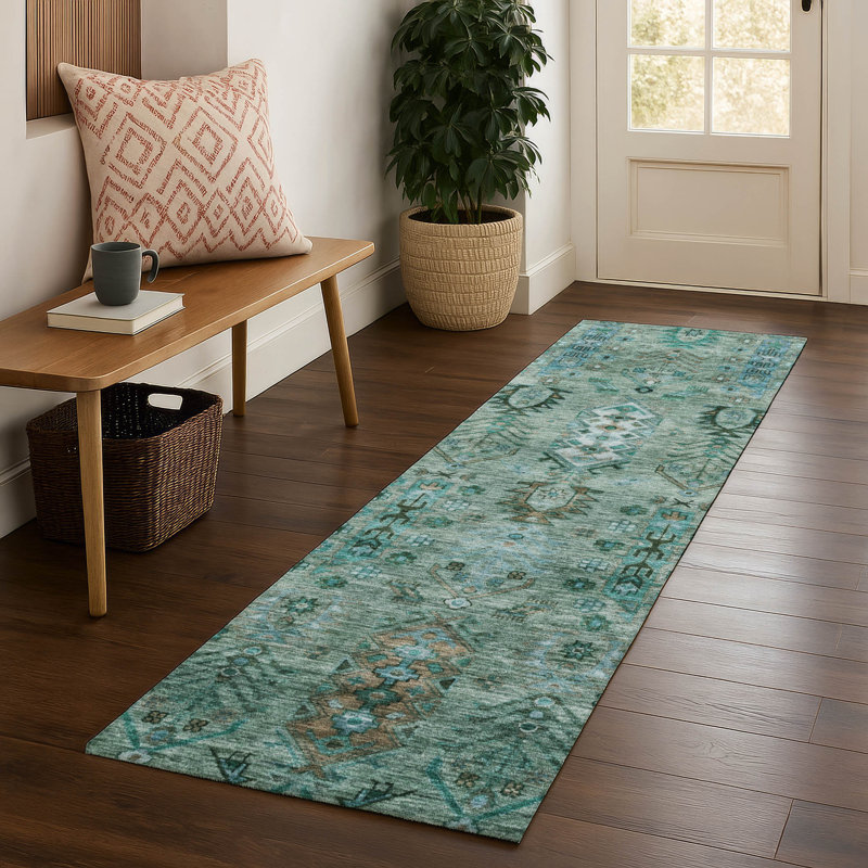 Premium Machine Washable Mayfield AMF2047 Global Rug, 2'3" x 7'6" Runner, Green