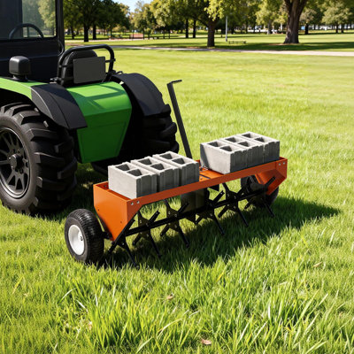 40-In Tow Behind Plug Aerator for Lawn Tractor & ATV, 24 Steel Tines, 150 LB Weight Tray, Universal Hitch, Inflatable Wheels, Orange