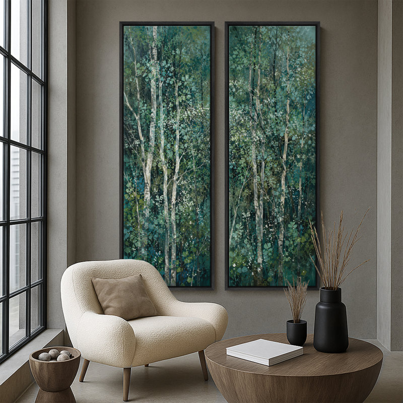 Décoration forestière avec bouleaux vert turquoise et fleurs blanches – Ensemble de 2 impressions sur toile encadrées (60 po x 20 po x 2 po)
