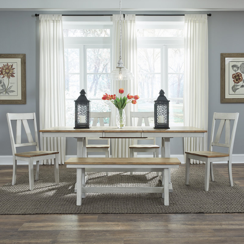  Keswick 6 Person Dining Table Set w/ 18" Butterfly Leaf, Sandstone/White