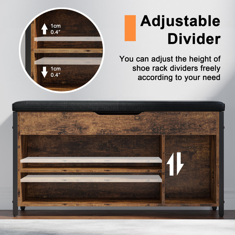 Shoe Storage Bench for Entryway, 7 Pair Shoe Rack with Hidden Storage Rustic 39.5" W, Brown