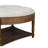 Large round ottoman coffee table in light grey, 2-tier design with button tufted top & wood storage shelf
