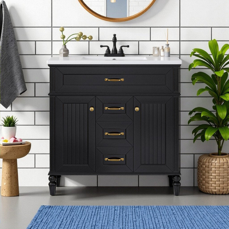 Meuble-lavabo 36 po avec lavabo en céramique, portes à fermeture en douceur et grand espace de rangement, Black