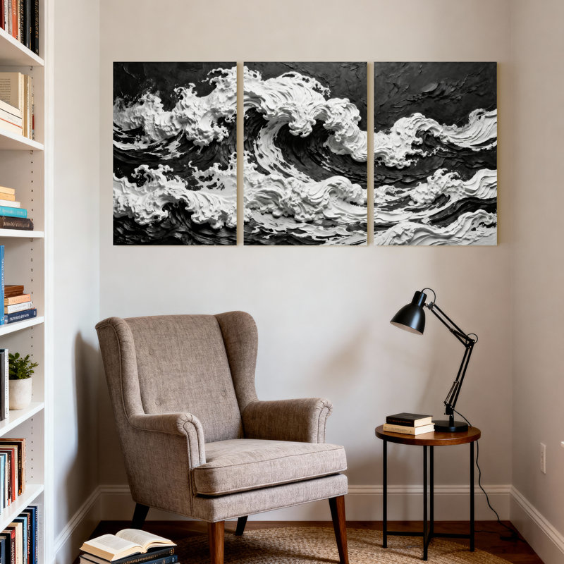 Abstrait noir et blanc, "Ocean Waves", ensemble de 3 reproductions d'art sur toile, H 18 po x l 36 po