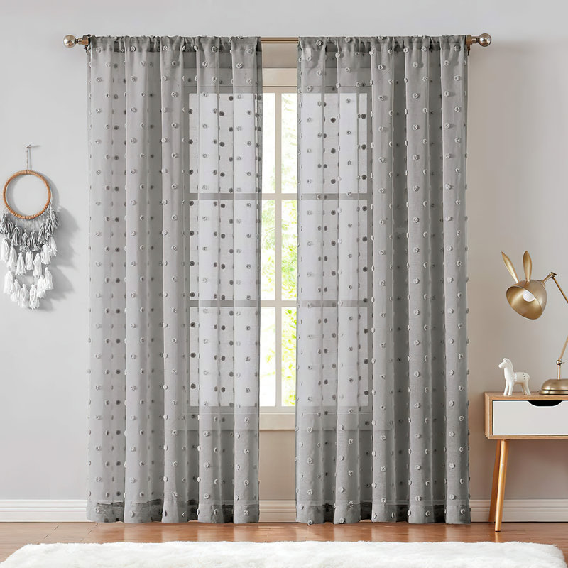 Pom Pom Voile Rod Pocket Sheer Curtains, 54" W x 63" L, Gray