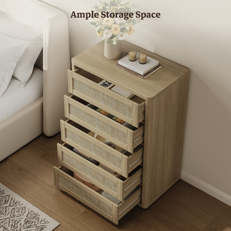 Boho Rattan 5-Drawer Dresser, 1, Amber Oak