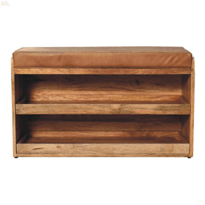 Banc de rangement escamotable en bois massif avec peau de bison