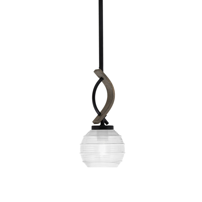 Mini-luminaire suspendu avec tige de verre Hallmann avec verre de 6 po, Nervuré transparent, Noir mat / bois patiné peint