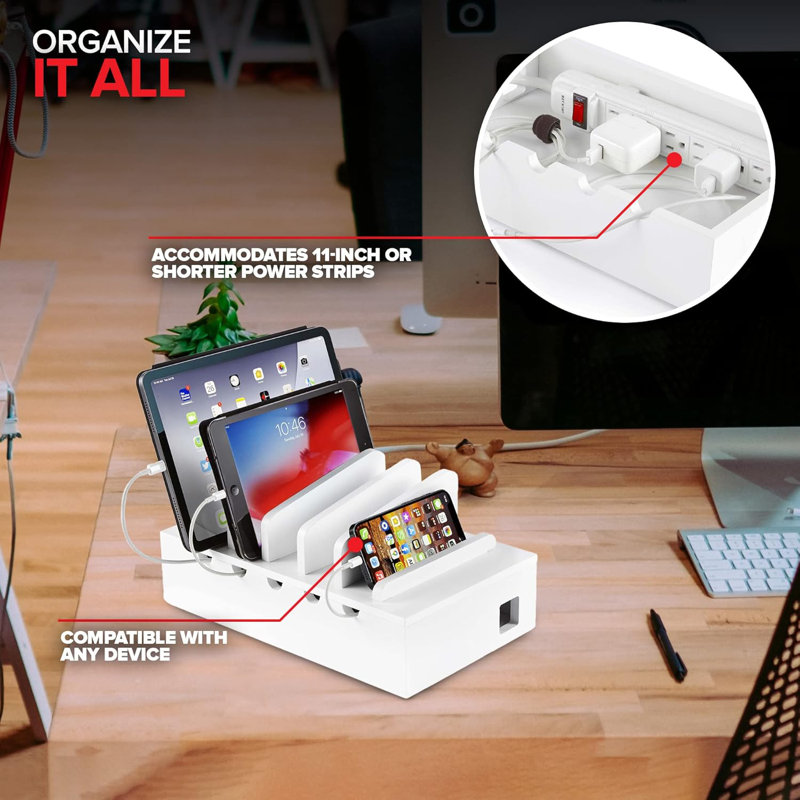 Bamboo Charging Station For Multiple Devices White  Wood Device Organizer, Desk Docking Stand For Cell-Phone Charger, Compatible With Apple, Android, Ipad, Iphone, Tablet, Laptop