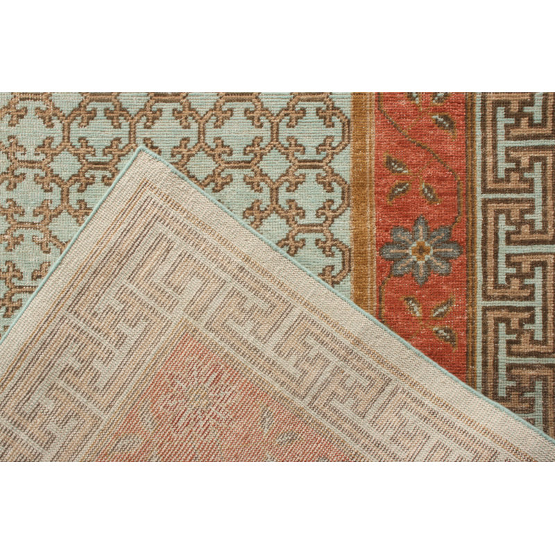 Distressed Homage Hand Knotted Wool Geometric Area Rug in Blue, Red, Beige, Orange, Rectangle 10' x 14'