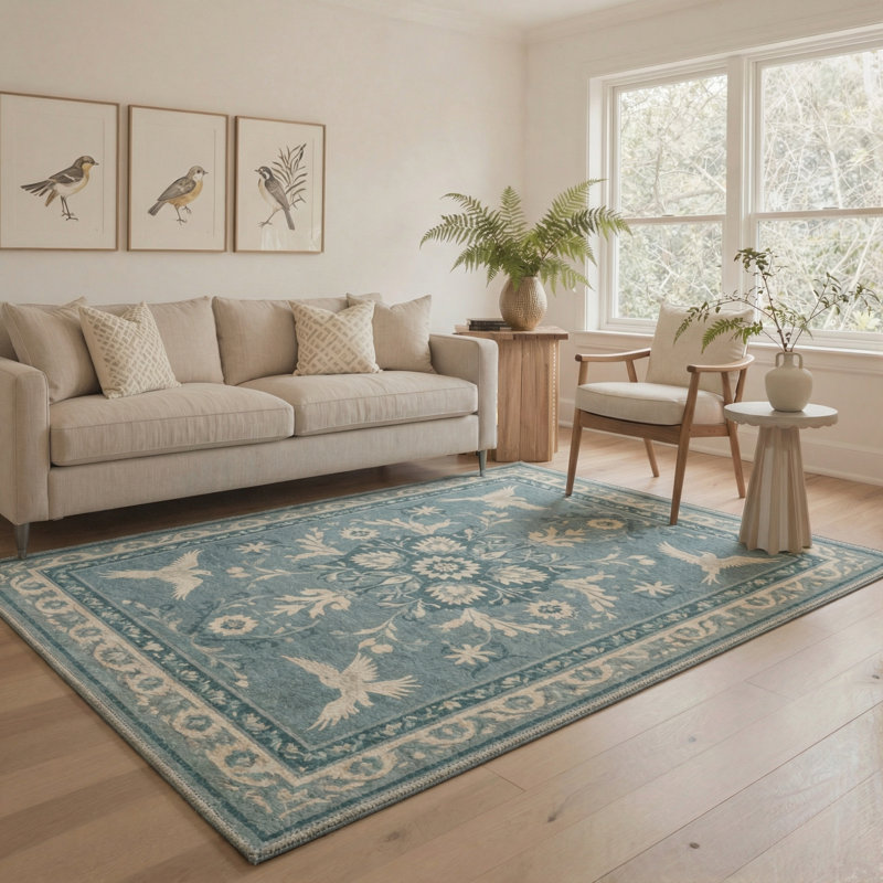 Tapis vert / beige lavable à la machine avec envers antidérapant Aarna, Rectangle 6 pi x 9 pi