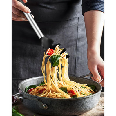 Cuillère à spaghetti et pince à pâtes, fourchette de service en silicone antiadhésive avec dents et poignée en acier inoxydable, pince à spaghetti