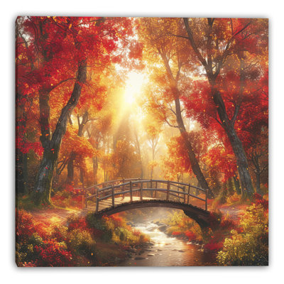 Golden Autumn Bridge Wrapped Canvas Wall Art