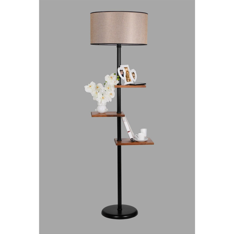 Luro Modern Floor Lamp with Metal Body and Wooden Shelves, 64.2 inches Tall | Black Finish, 30 cm x 23 cm & 26 cm x 19 cm Shelves | On/Off Switch, E27 Socket, Max 60W | Stylish Lighting for Living Room & Bedroom