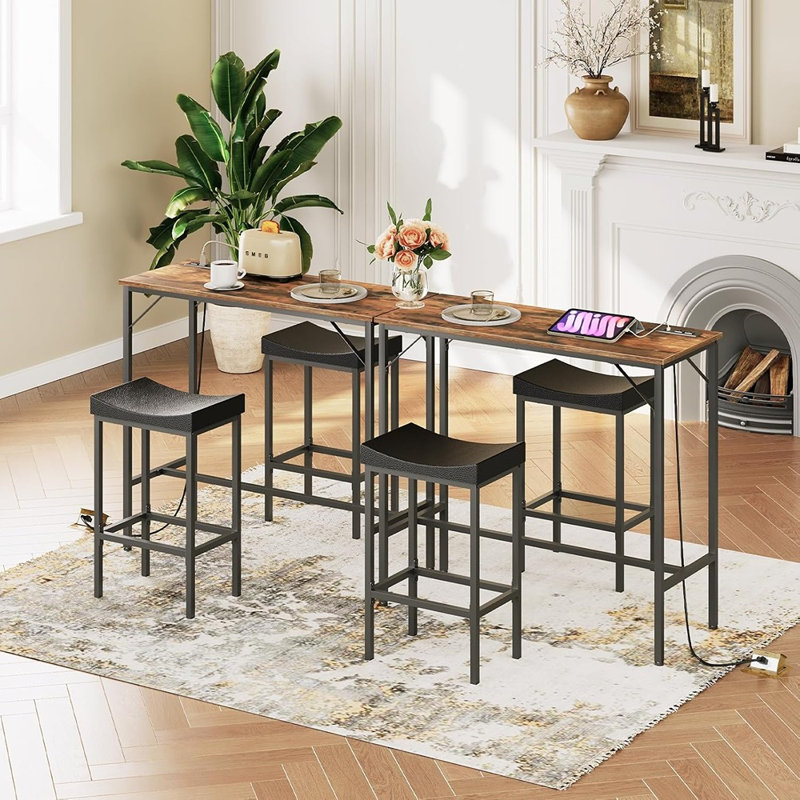 Ensemble de table de pub 3 pièces avec station de charge, table de bar et chaises, brun rustique