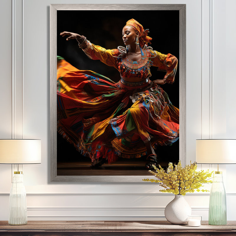 Yume African Tribal Dance V - reproduction sur toile, Cadre simple argenté, H 32 po x l 24 po x P 1 po
