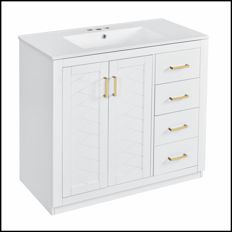 Meuble-lavabo 36 po avec lavabo en céramique, structure en bois massif, 3 tiroirs et portes à fermeture douce pour salles de bain modernes et rétro