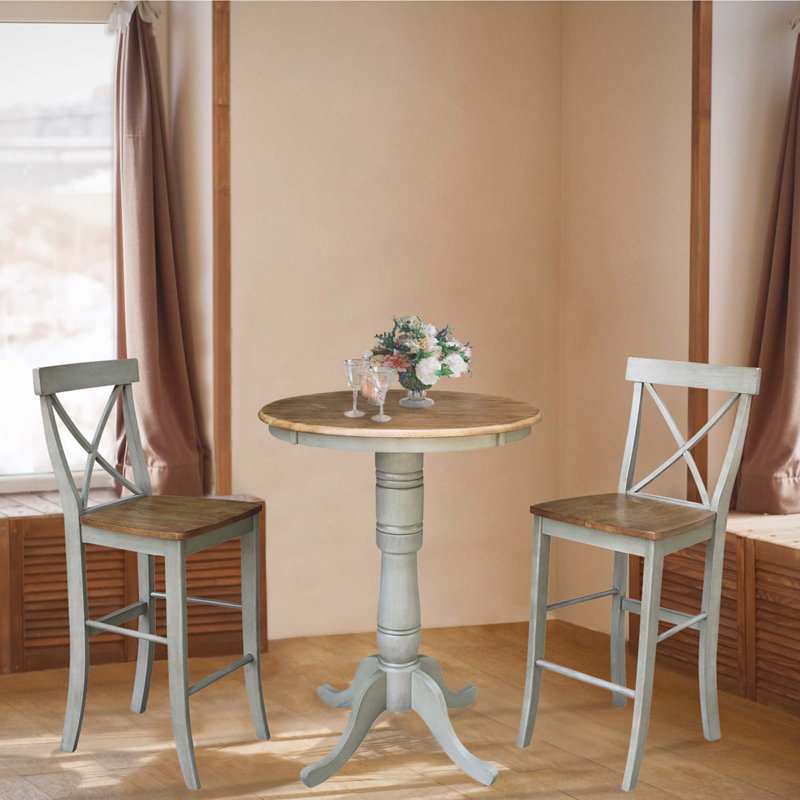 Durick 2 - Person Bar Height Solid Wood Dining Set, Hickory/Stone