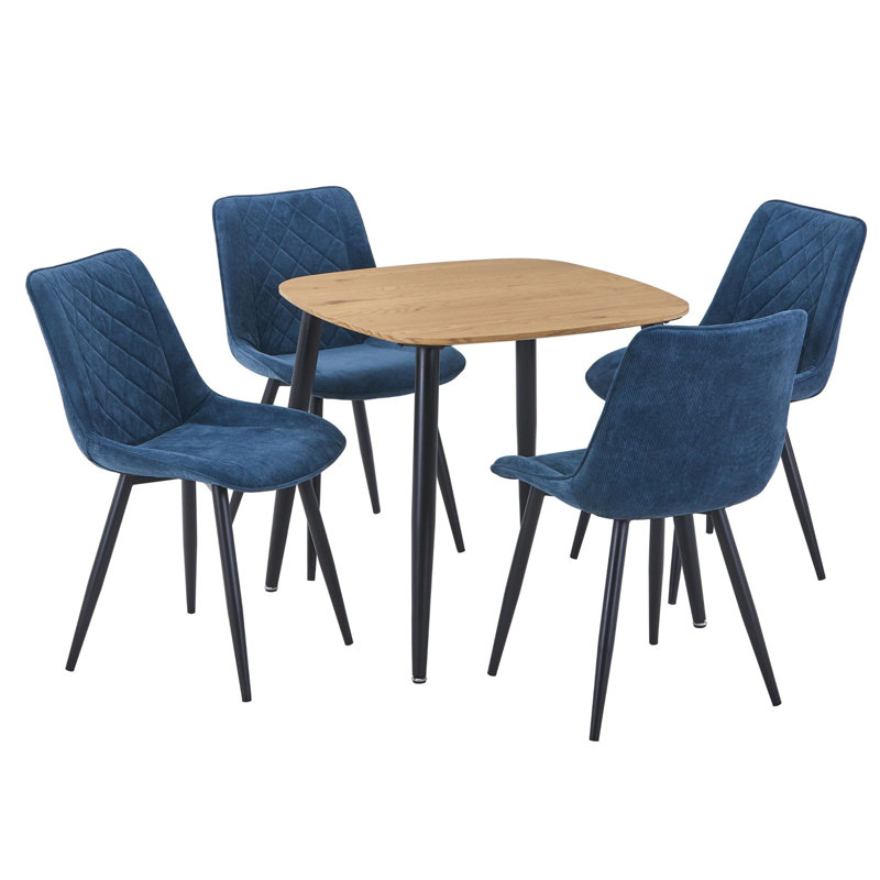 Aspen 5-Piece Casual Dining Set - Square Dining Table & Four Upholstered Diamond Fabric Chairs, Light Oak, Blue