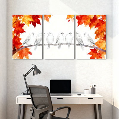«Birds Birds on Branch Autumn Leaves», ensemble de 3 impressions sur toile