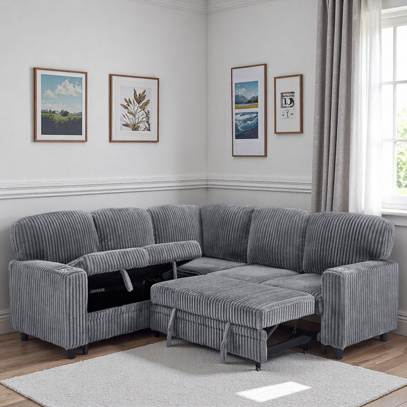 L-shaped Sectional Sofa Bed With Pull-out Bed, Storage, Usb Charging And Cup Holder, Gray Corduroy