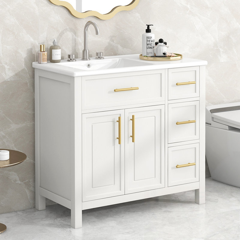 Meuble-lavabo avec comptoir, deux portes et trois tiroirs, Blanc