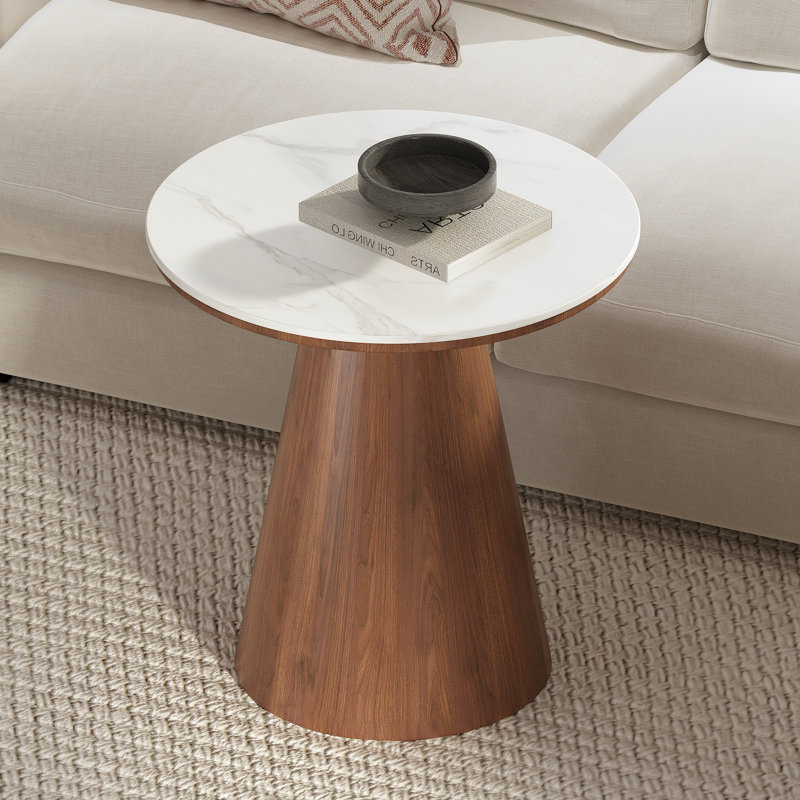 Table de bout ronde en pierre frittée 18,9 po, Glossy Marble White