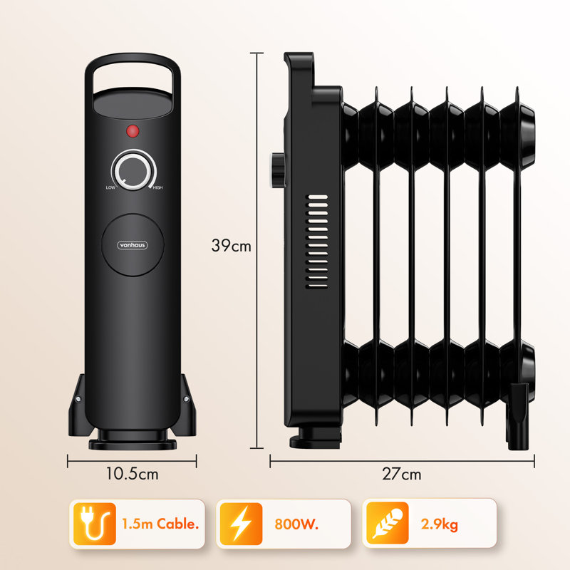 VonHaus 800W Electric Radiator Space Heater with Adjustable Thermostat, Black