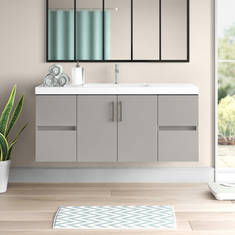 48.5" Wall-Mounted Single Bathroom Vanity With Cultured Marble Top, Gray
