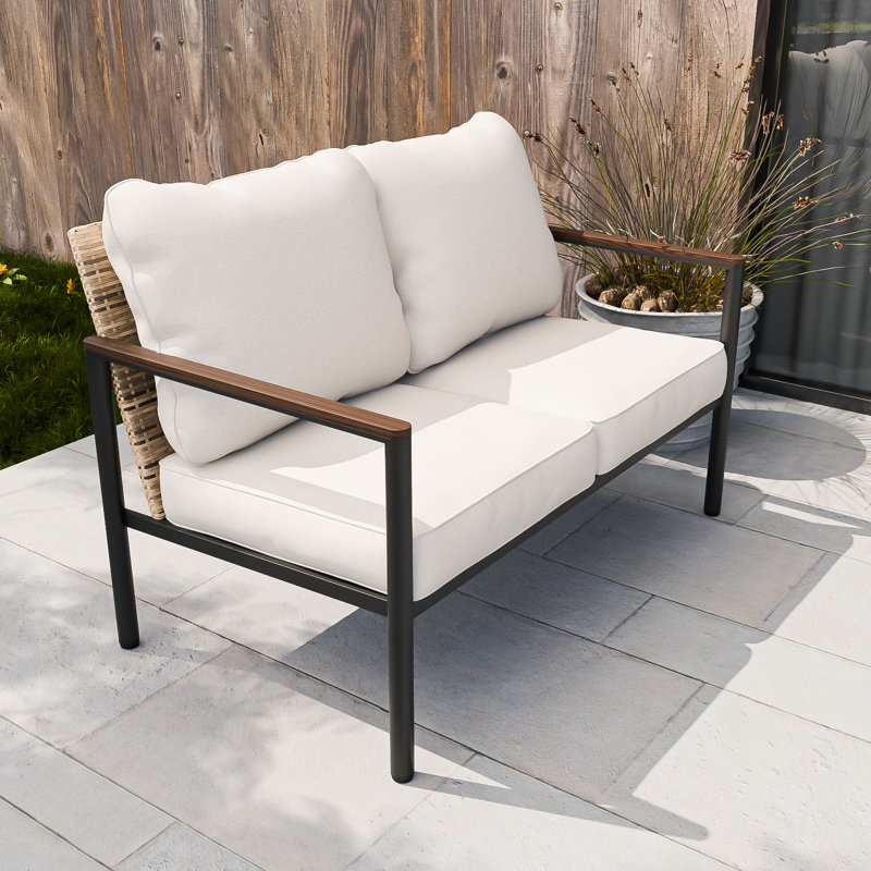 Causeuse avec accoudoirs et coussins en bois, Beige
