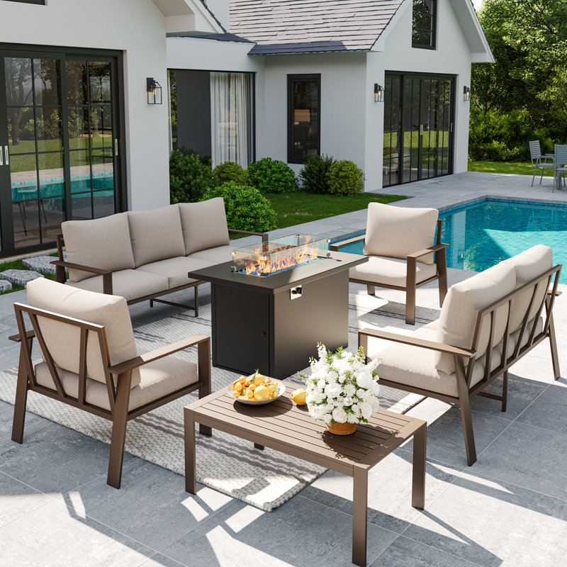 7 Person Sofa Seating Group With Coffee Table And Fire Pit Table, Beige
