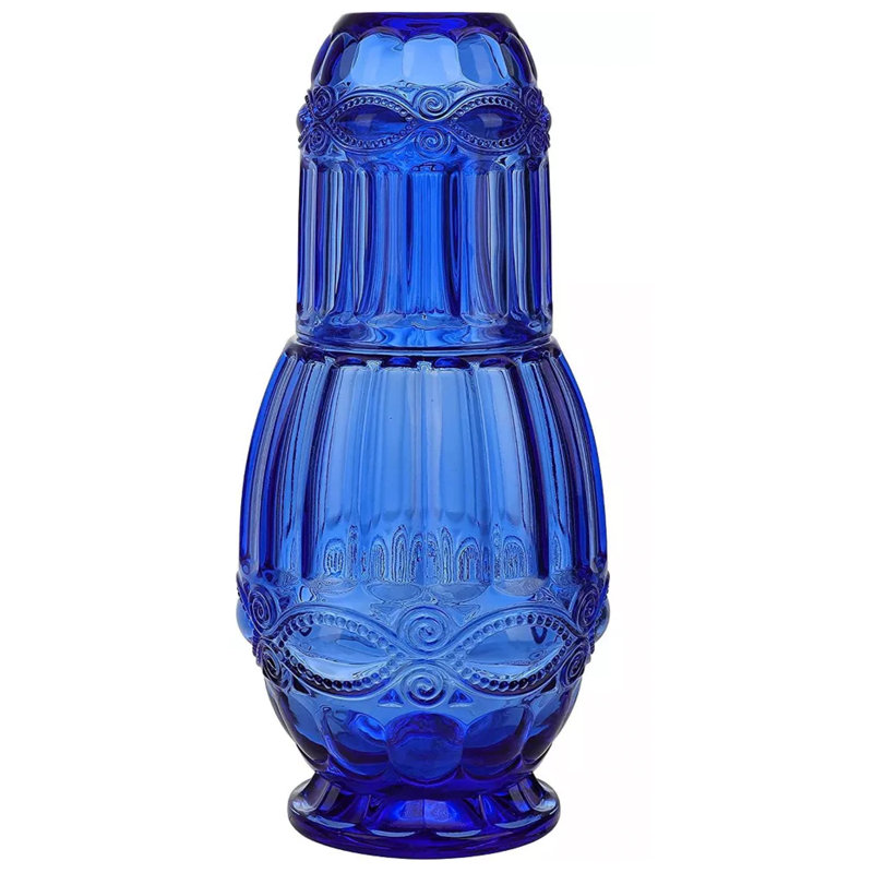 Blue Glass Bedside Water Carafe with Tumbler Lid