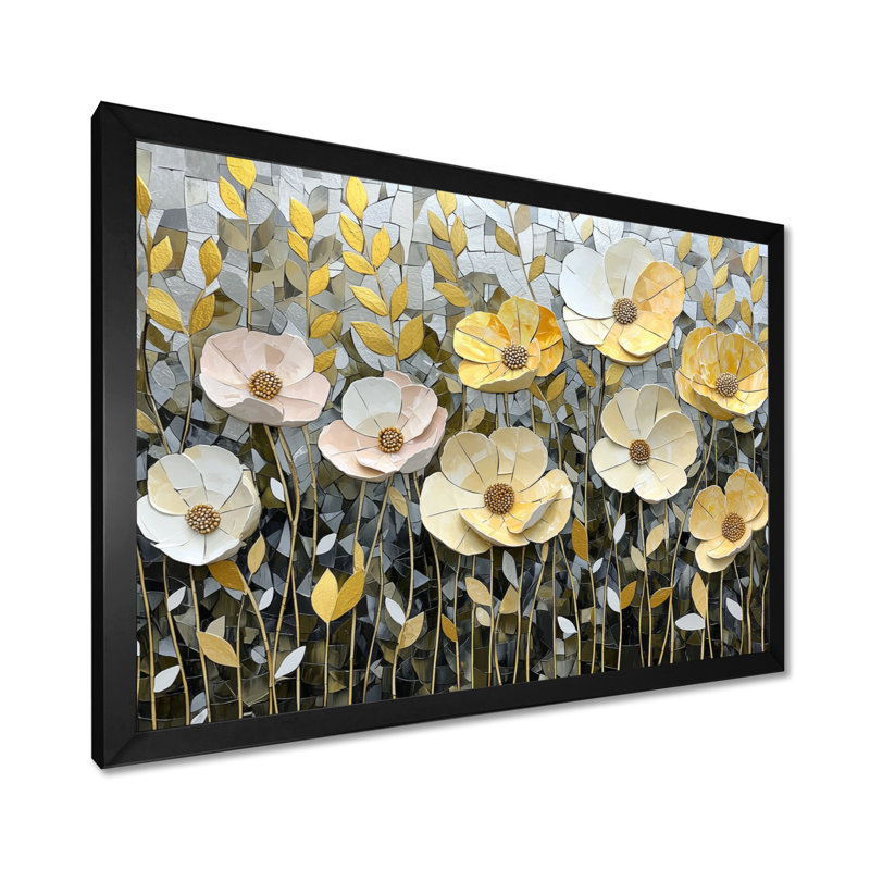 Géométrique, coquelicots gris, mosaïque, champ II - coquelicots, art mural, H 12 po x l 20 po, Cadre simple noir