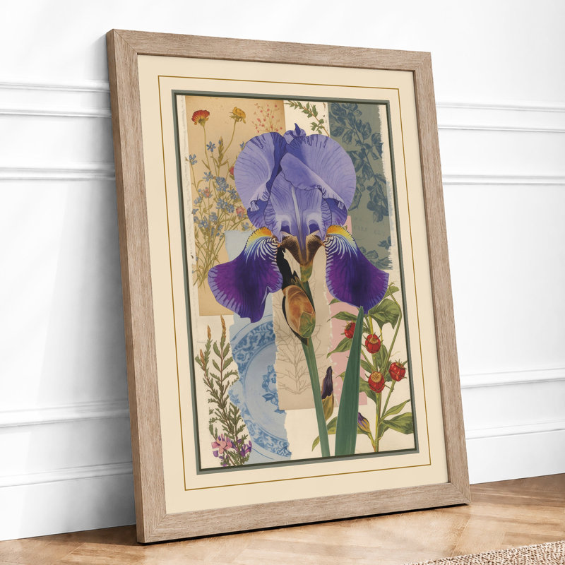 Purple Iris Study Botanical - Framed Print, A3 - 42.0 x 29.7 cm, Oak