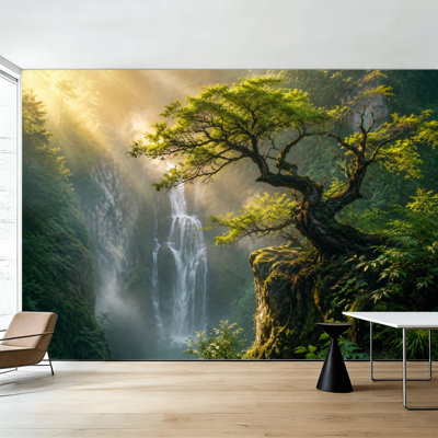Peel and Stick Wallpaper Majestic Tree Waterfall Sunlight Wall Murals 100"H x 144"W Removable PVC Wall Paper Self-Adhesive Wall Decor for Bedroom Living Room Home Office