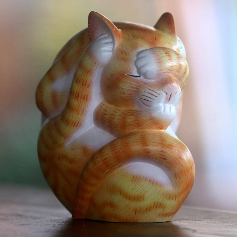 Flexible Cat In Orange Wood Sculpture