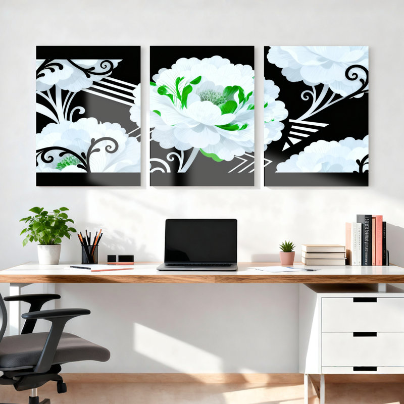 Motif floral blanc blanc avec accents verts et motif de volutes noires, impression abstraite moderne (ensemble de 3)