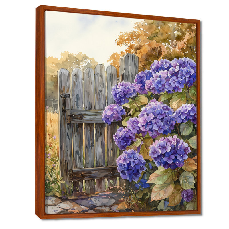 Demi Summer Hydrangeas By The Farm Fence II - Hydrangea Wall Art, H 44 po x l 34 po, Impression encadrée sans passe-partout