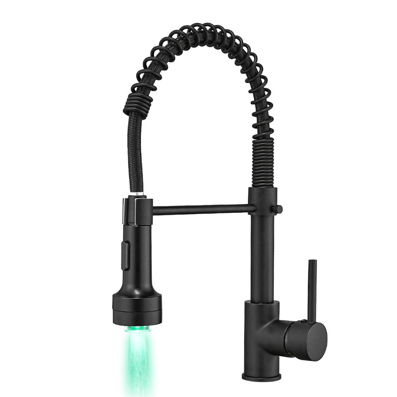 Robinet de cuisine noir avec douchette rétractable, DEL, poignée simple, fini teinture et saleté