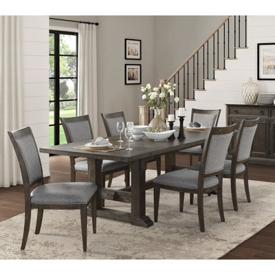 Vintage 7pc Dining With An Extendable Rectangular Table And 6 Gray Fabric Upholstered Side Chairs, Driftwood Brown Finish, Trestle Base For Room Setup