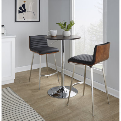 Ensemble de salle à manger à hauteur de comptoir Mid-Century avec tabourets pivotants, table chromée réglable, plateau en bois brun, similicuir noir, 3 pièces