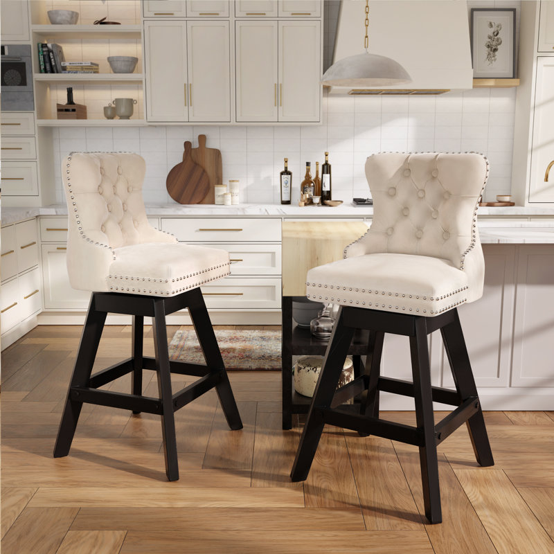 Swivel Tufted Nailhead Velvet Counter Height Bar Stools (Set of 2), Beige