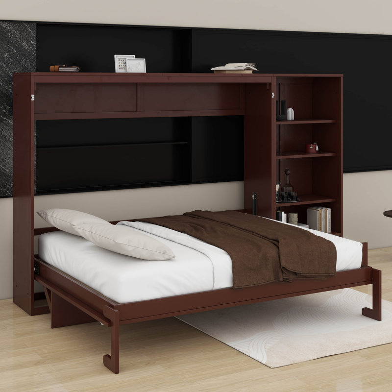 Grand lit escamotable avec compartiments de rangement et tablettes réglables en hauteur, lit escamotable avec tiroir, Noyer
