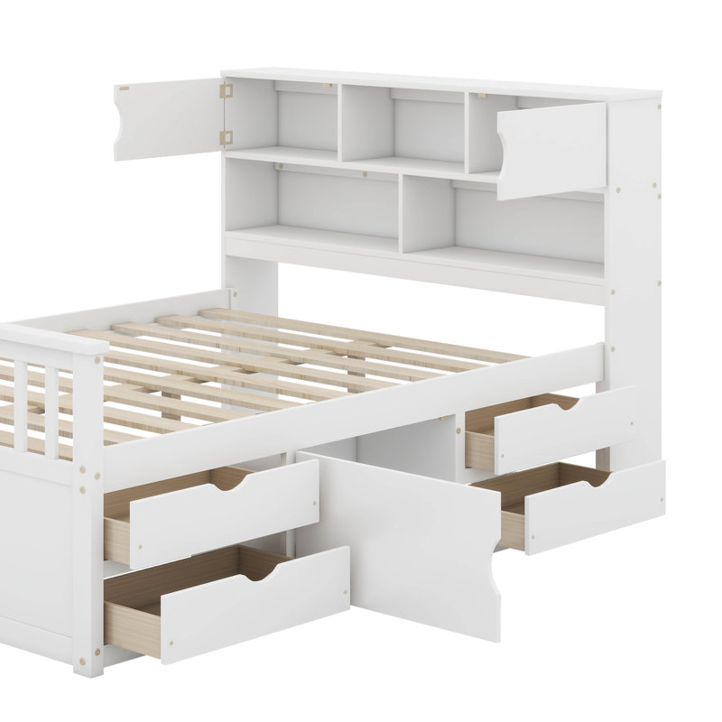 Base de lit plateforme double pleine grandeur avec bibliothèques et tiroirs de rangement, Blanc