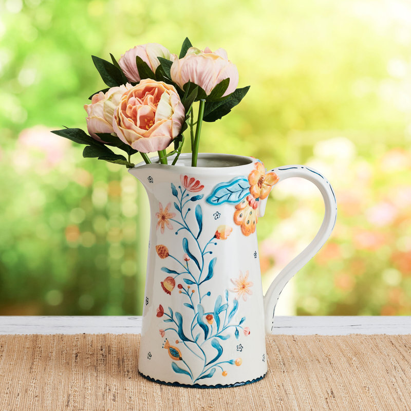 White Earthenware Floral Graphic Detail Boho Pitcher, 2.75 Quarts