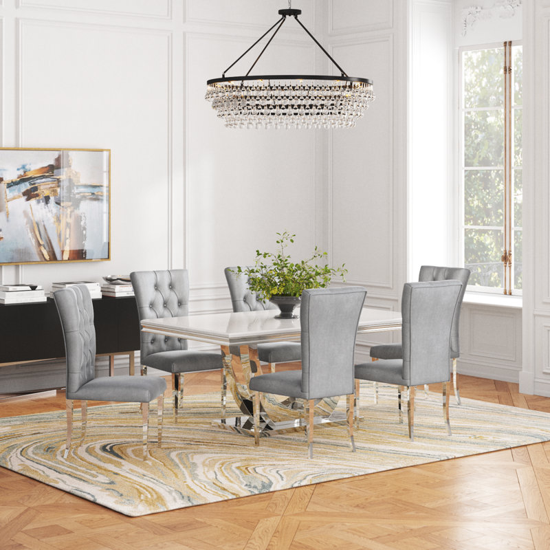 Demorest Stone Top Pedestal Dining Set, White Table with White Chairs, 7 Pieces: Table, 6 Chairs