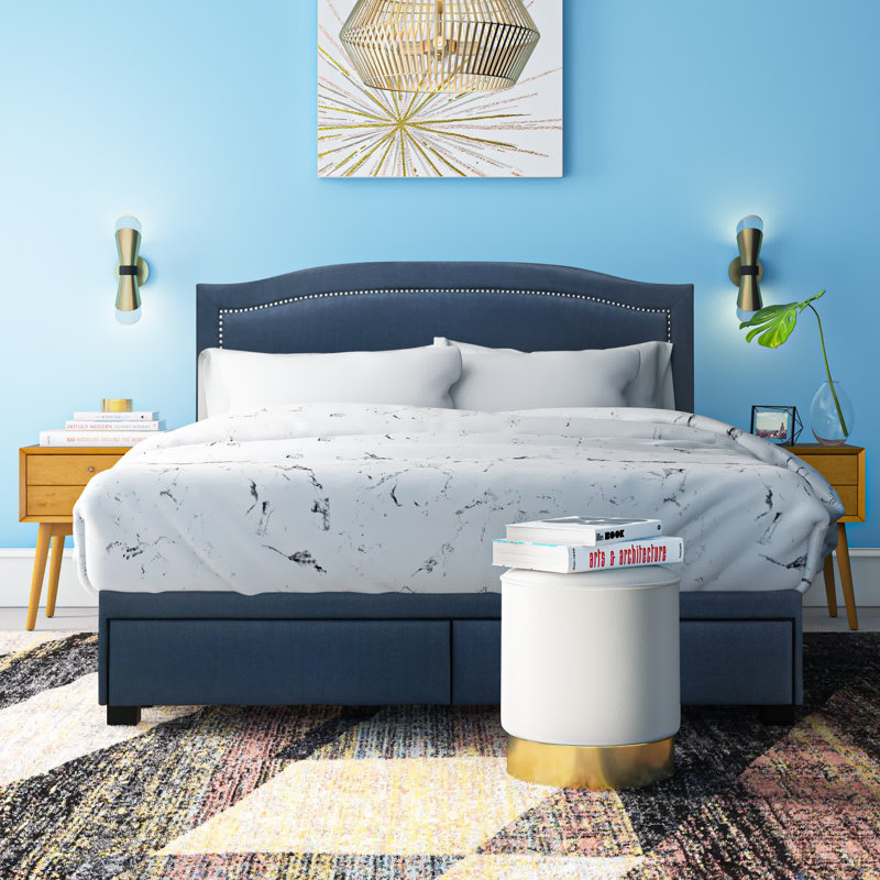Lit plateforme tapissier avec rangement Parkville, Bleu, Très grand