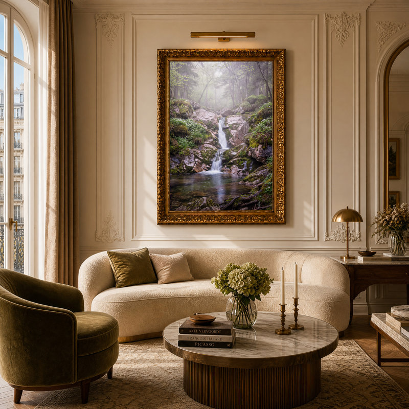 «Misty Forest Waterfall over Mossy Rocks», art mural sur toile, H 24 po x l 16 po