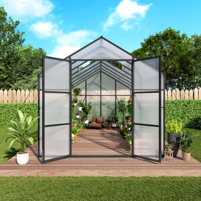 8X14 FT Polycarbonate Walk-In Greenhouse, Raised Base, 14.1' H x 8.1' W x 7.8' D